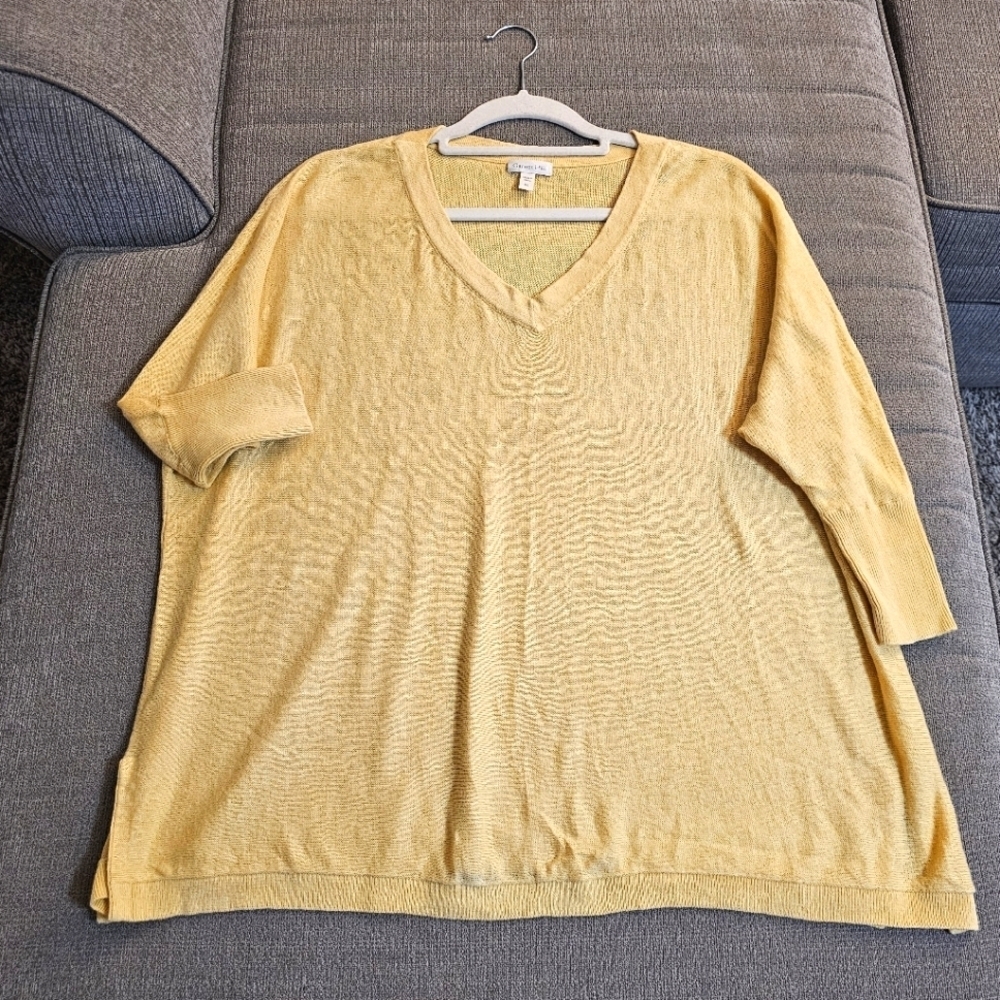 Garnet Hill Linen Yellow V-Neck Relaxed Casual Coastal Oversized Top Size XS
